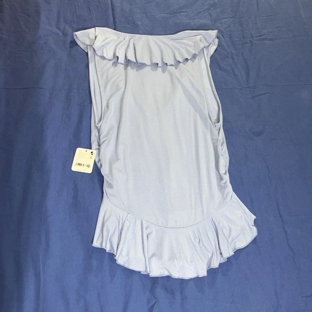 Free People Ruffle Me Away Slim Fit Plunge Neck Top Womens L Blue Heron Pullover